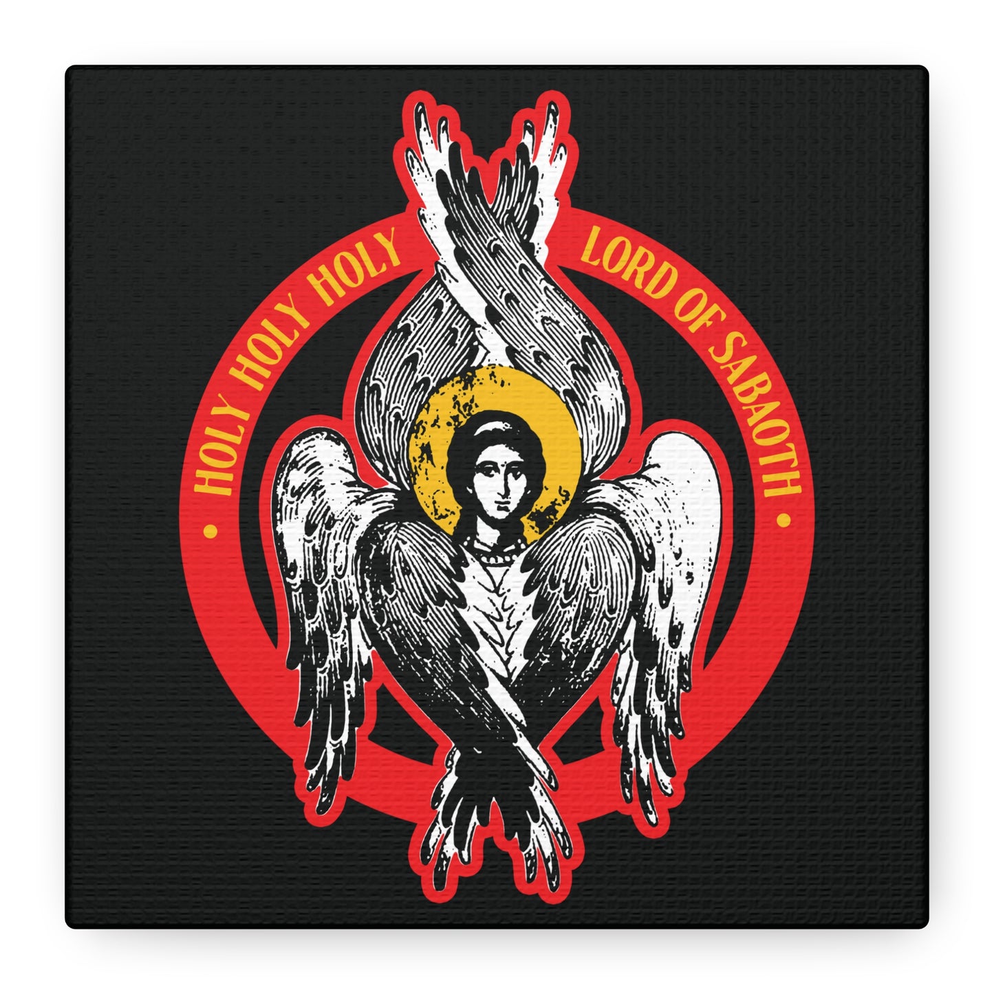 The "Holy Holy Holy, Lord of Sabaoth | Lord of Hosts" Orthodox Seraphim Angel IconoGraphic is inspired by Isaiah 6, featuring a six-winged angel with a human face and halo—a unique piece of Christian wall art evoking the unseen realm.