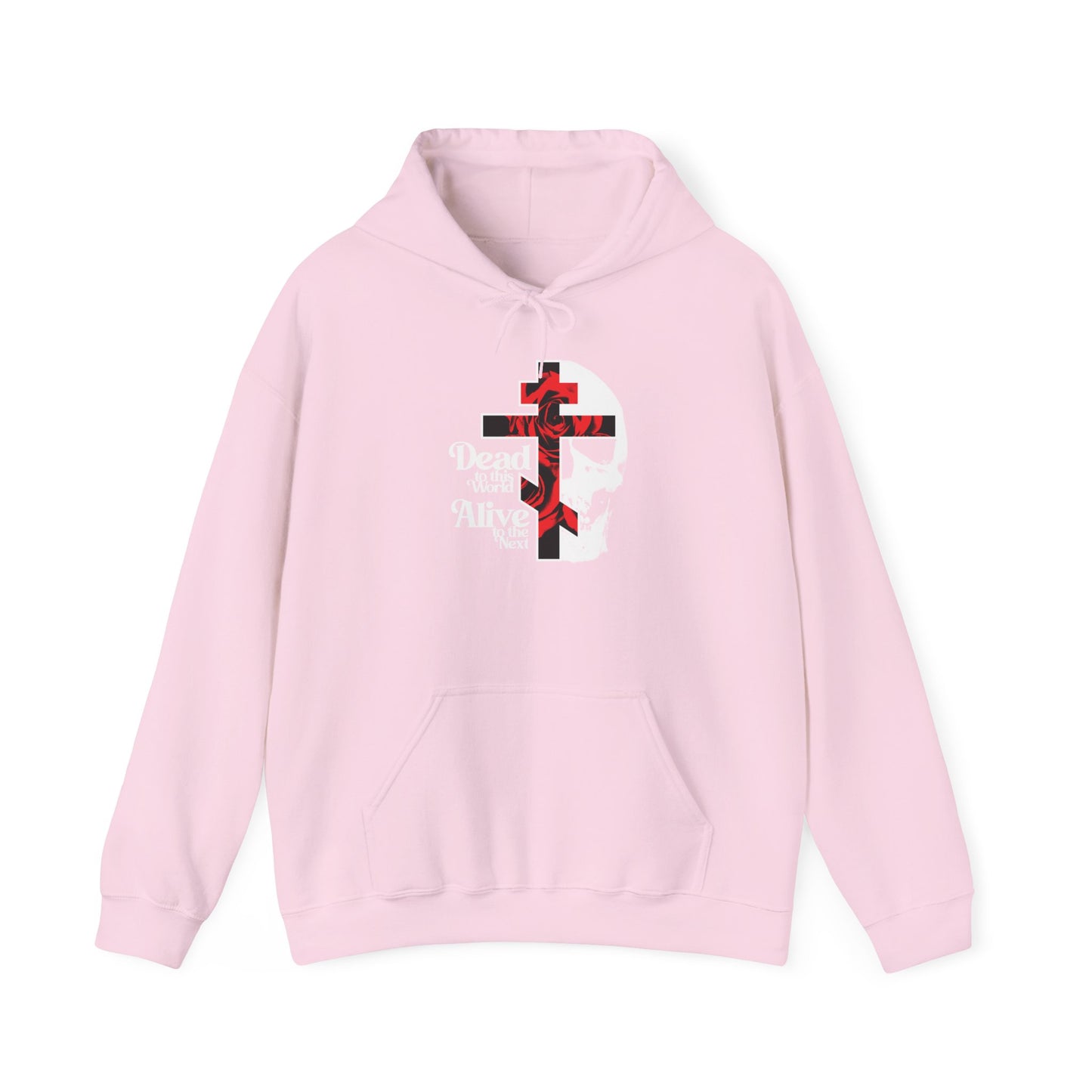 Light pink "Dead to this World" hoodie featuring a flower cross and faint skull graphic with 70s-inspired typography, reflecting spiritual transformation and themes from The Ladder of Divine Ascent—a bestselling Orthodox Christian design.