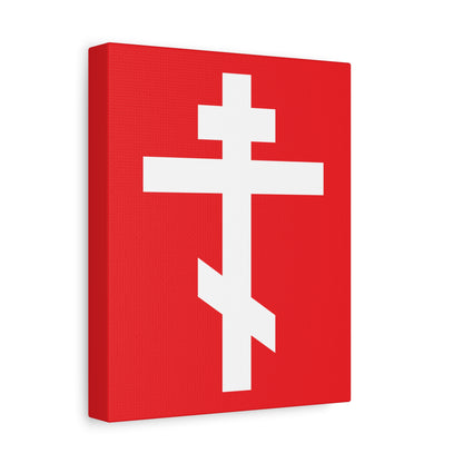 The White Orthodox Cross Red Background canvas art features a white Russian Orthodox cross symbolizing salvation on a red background, with the verse "May I never boast, except in the cross of our Lord Jesus Christ" (Gal 6:14).