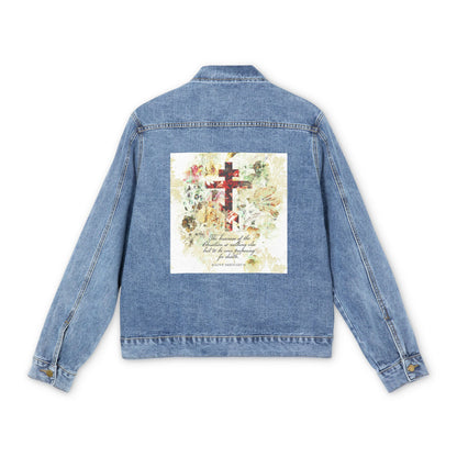 Preparing For Death | White & Beige Floral Scrapbook Texture Cross | Arts & Crafts Style | St Irenaeus | Orthodox Christian Blue Denim Jacket