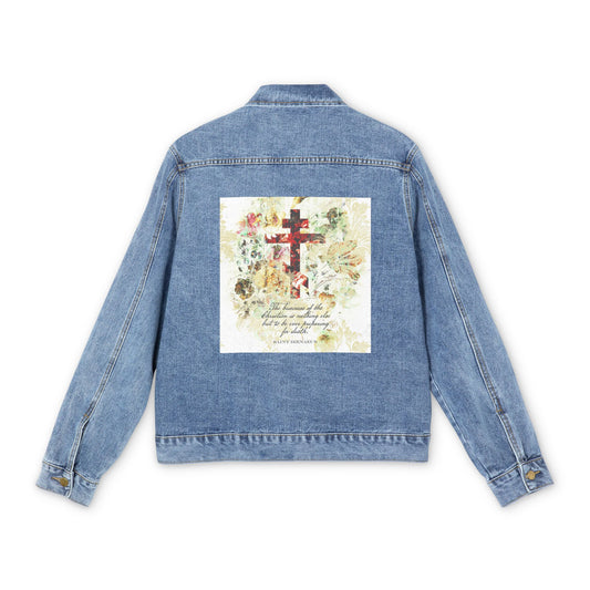 Preparing For Death | White & Beige Floral Scrapbook Texture Cross | Arts & Crafts Style | St Irenaeus | Orthodox Christian Blue Denim Jacket