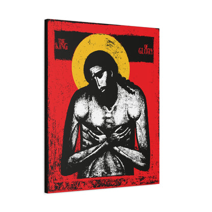 The King of Glory Jesus Christ "Extreme Humility" IconoGraphic features a stylized image with a yellow halo, red background, and the message The King of Glory—ideal Christian wall art inspired by Isaiah 53.