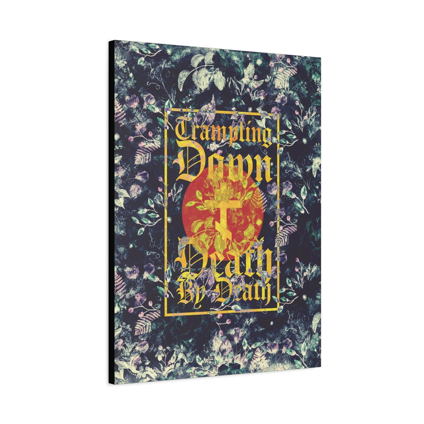 Trampling Down Death By Death | Paschal Floral Design with Gothic Script and Three-Bar Cross | Orthodox Christian Canvas Art