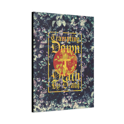 Trampling Down Death By Death | Paschal Floral Design with Gothic Script and Three-Bar Cross | Orthodox Christian Canvas Art