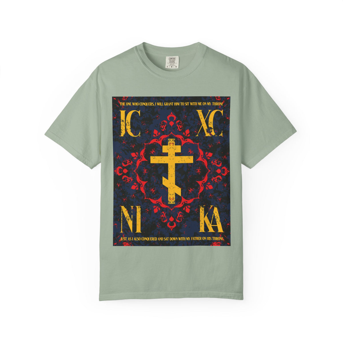 Bay-colored heavyweight cotton unisex t-shirt featuring the IC XC NIKA Orthodox Cross with a medieval floral design and Greek letters on the front, inspired by Revelation 3:21 and symbolizing God’s grace with vibrant style.