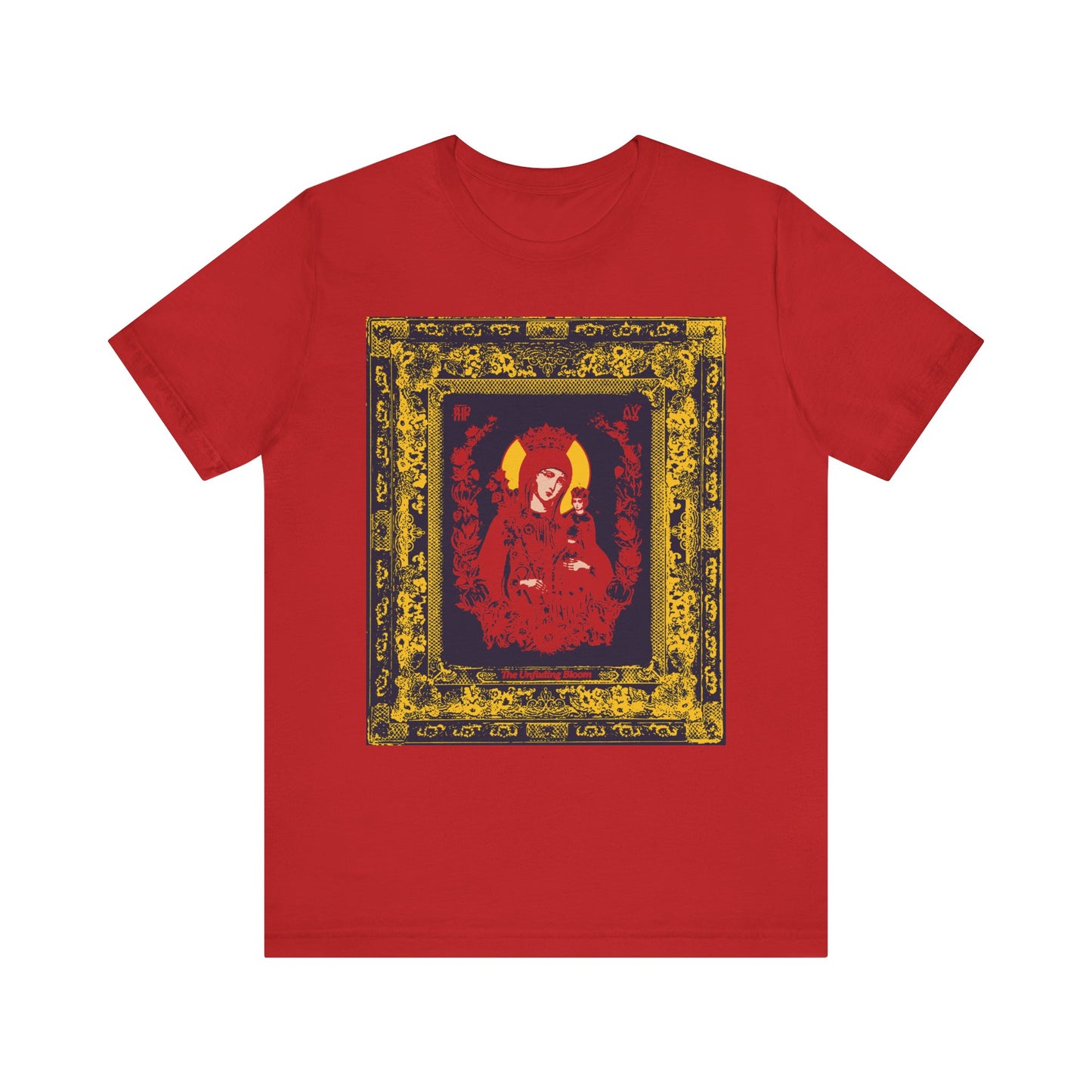 Unfading Bloom Ornate Theotokos Iconographic red tee: a lightweight cotton unisex shirt featuring Mary, the Mother of God depicted in intricate gold and black frame artwork with stylized red and yellow accents, inspired by the Akathist hymn—blending Orthodox Christian spiritual elegance with vibrant design.