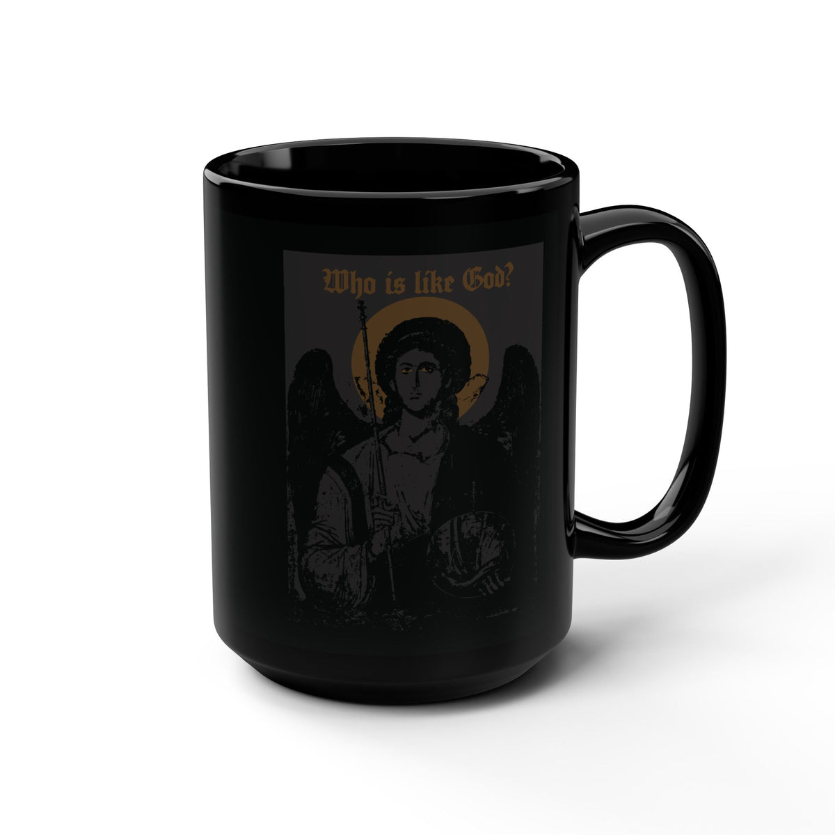 This Who Is Like God? Archangel Michael Icono-Graphic Black Mug features a striking black and bronze design with a cross on the front left breast—a beautiful tribute to Archangel Michael, a revered figure in Orthodox Christian tradition.