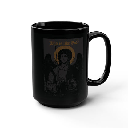 This Who Is Like God? Archangel Michael Icono-Graphic Black Mug features a striking black and bronze design with a cross on the front left breast—a beautiful tribute to Archangel Michael, a revered figure in Orthodox Christian tradition.