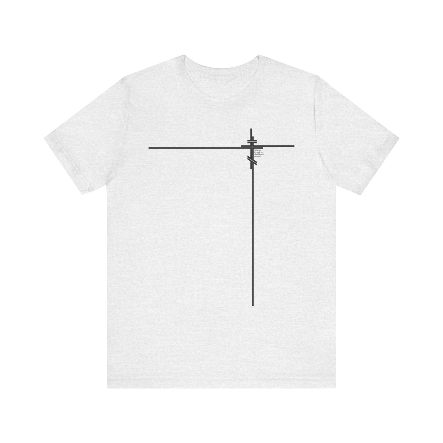 Ash t-shirt featuring a minimalist black geometric Orthodox cross and abstract design on the upper left chest, subtly inspired by the concept of Christ’s kingdom, as referenced in Luke 1:32-33.
