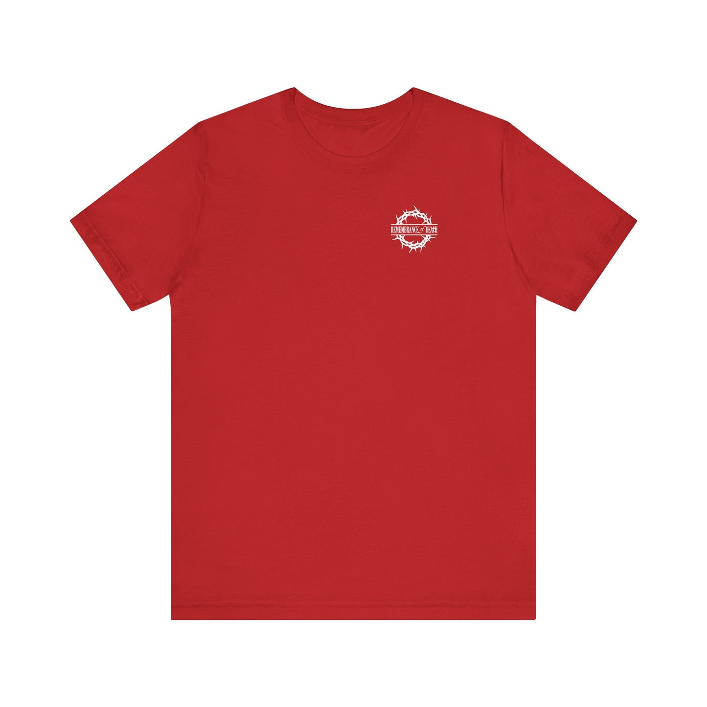 Red lightweight cotton unisex tee with branded front and BACK PRINT "Dead to this World," featuring Christian goth flower cross & skull graphic. Inspired by the Ladder of Divine Ascent and themes of dispassion.