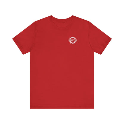 Red lightweight cotton unisex tee with branded front and BACK PRINT "Dead to this World," featuring Christian goth flower cross & skull graphic. Inspired by the Ladder of Divine Ascent and themes of dispassion.