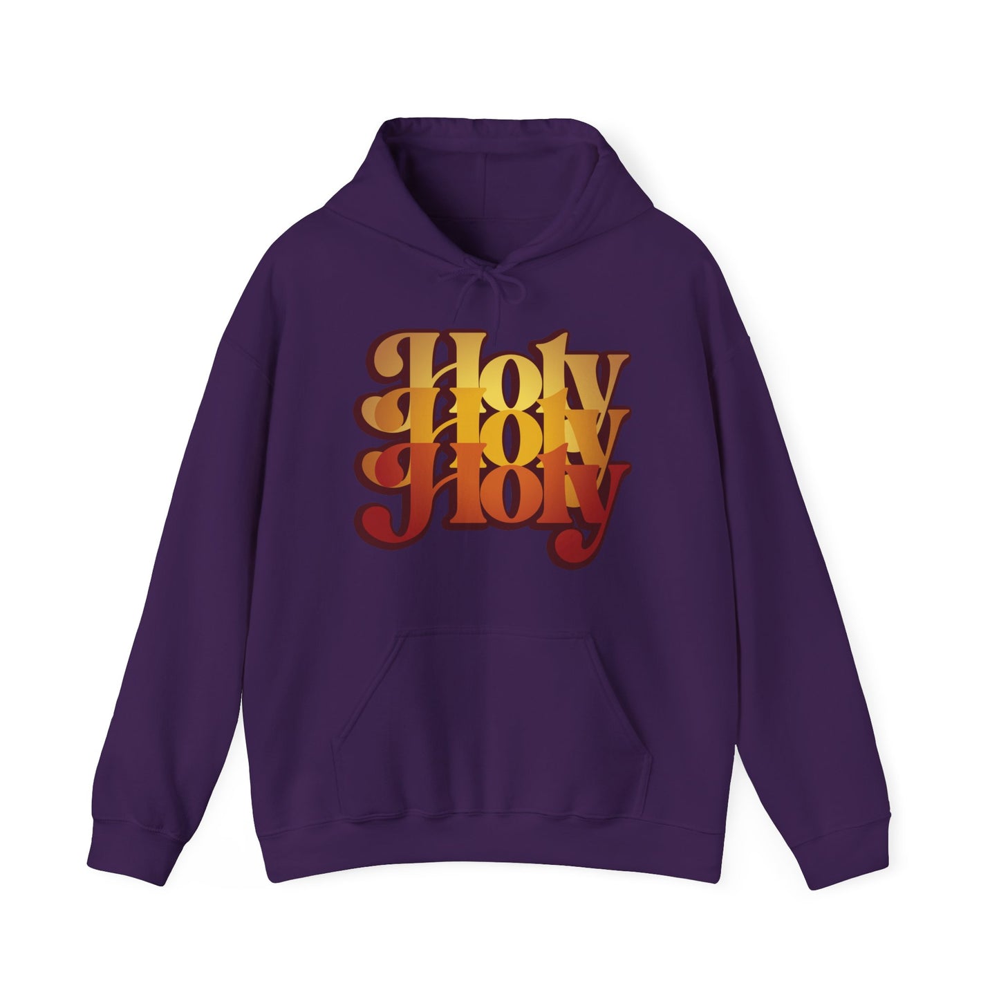 Purple “Holy Holy Holy Trisagion Liturgical Prayer” hoodie in 70s style, featuring bold yellow and red retro lettering inspired by Isaiah 6 and Orthodox Christian tradition.