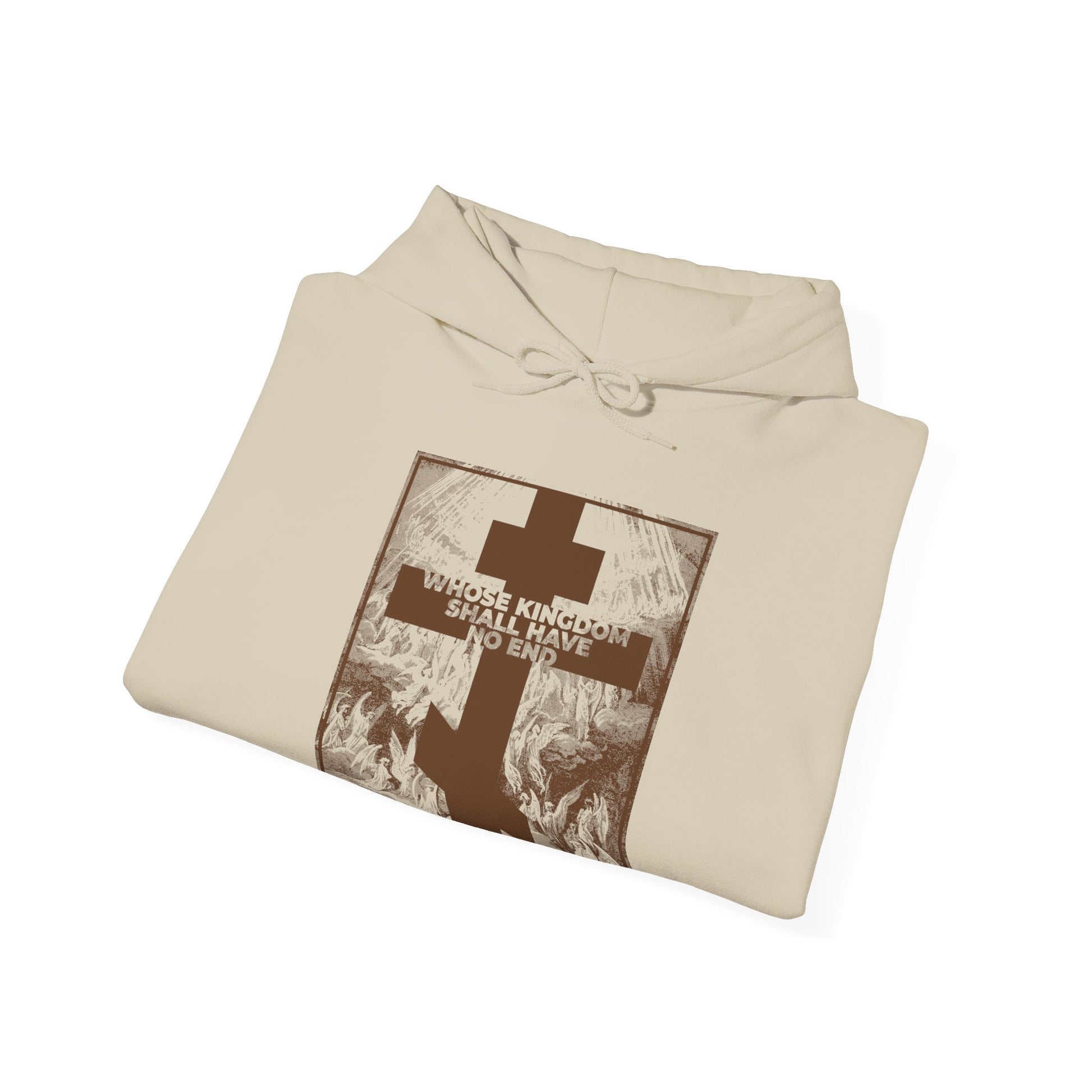 Beige "Whose Kingdom Shall Have No End" hoodie featuring a cross graphic and Nicene Creed-inspired design, with Gustave Dore etching elements and Orthodox symbolism referencing the Apocalypse and Revelation.