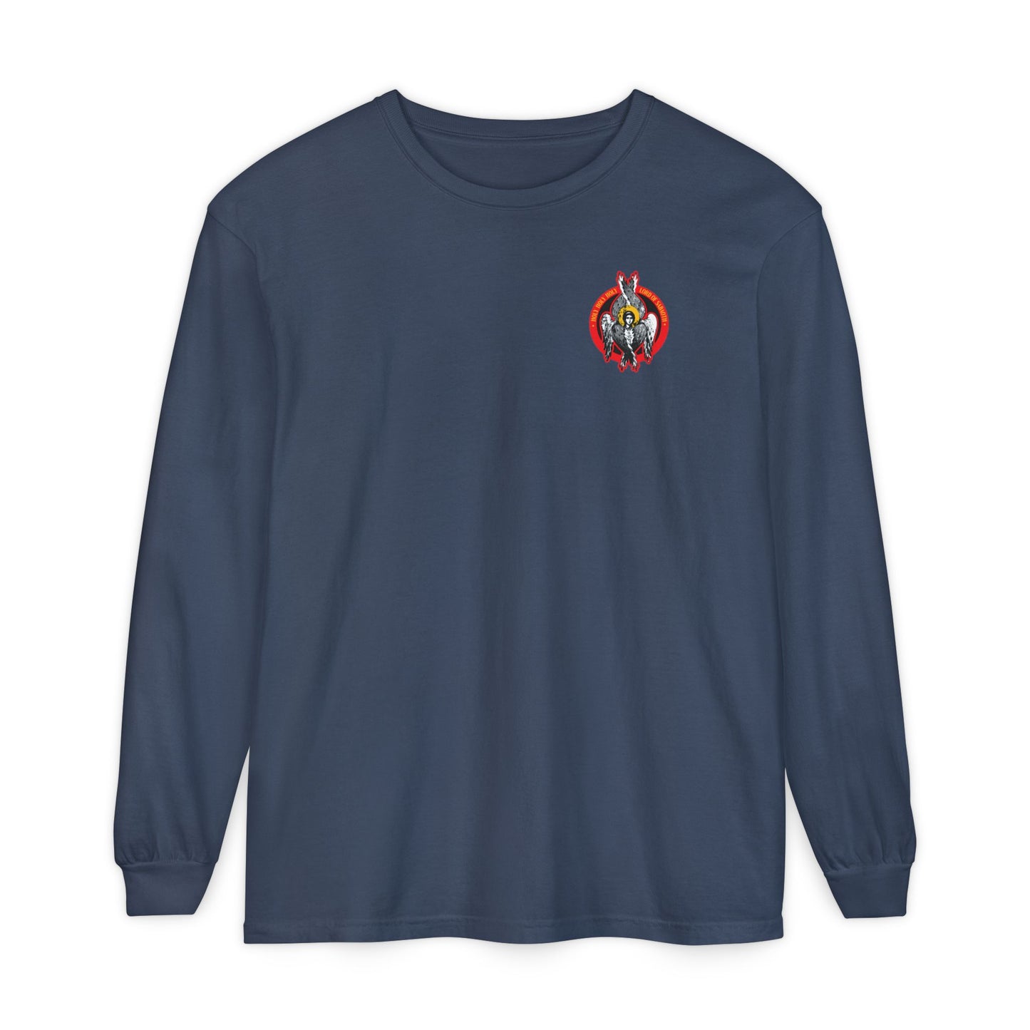 Midnight long sleeve cotton shirt featuring a small, colorful Seraphim angel icono-graphic on the left chest, inspired by the Heavenly Hosts of God and Divine Council.