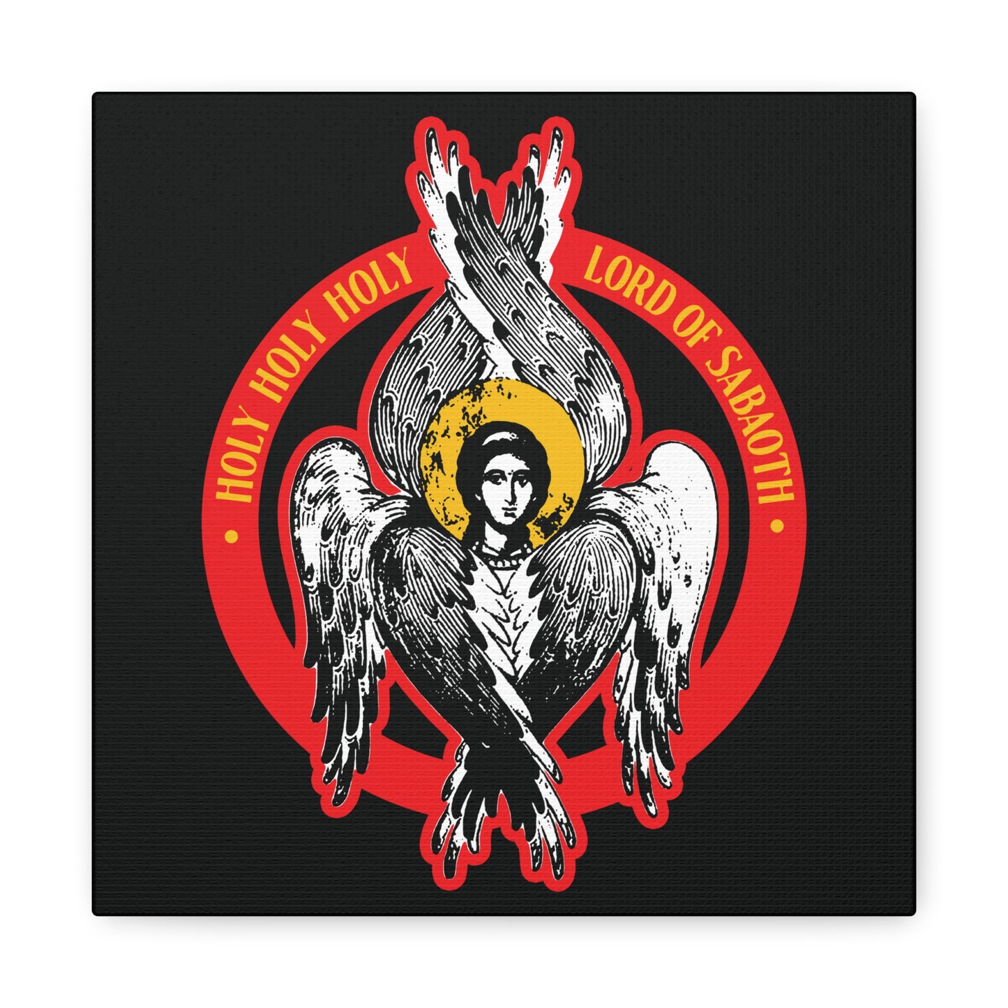 Holy Holy Holy, Lord of Sabaoth | Orthodox Seraphim Angel Wall Art featuring a six-winged angel with halo and red circle; inspired by Isaiah 6: "Holy Holy Holy Lord of hosts." Unseen Realm Christian iconographic decor.