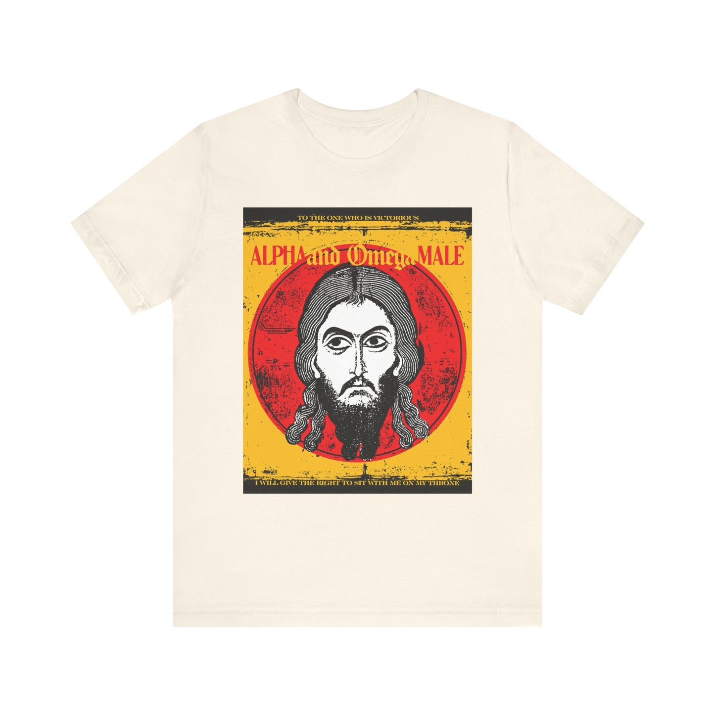 Natural cotton unisex tee featuring an illustrated face with red halo and "Alpha & Omega Male" text, inspired by the Image of Edessa and Revelation—Orthodox IkonoGraphic design: "To the One Who Is Victorious.
