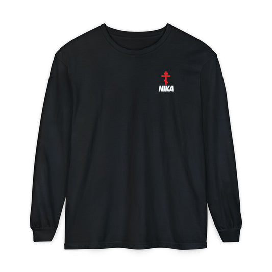 NIKA Red Orthodox Cross (Small) | NIKE Logo Mashup | Minimalist Corporate Sports Logo Aesthetic | Orthodox Christian Cotton Long Sleeve Shirt