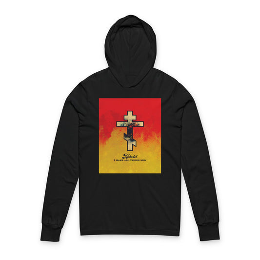 Behold, I Make All Things New (Revelation 21:5) | Cosmic Orthodox Cross on Red and Yellow Background | Orthodox Long Sleeve Hooded Shirt