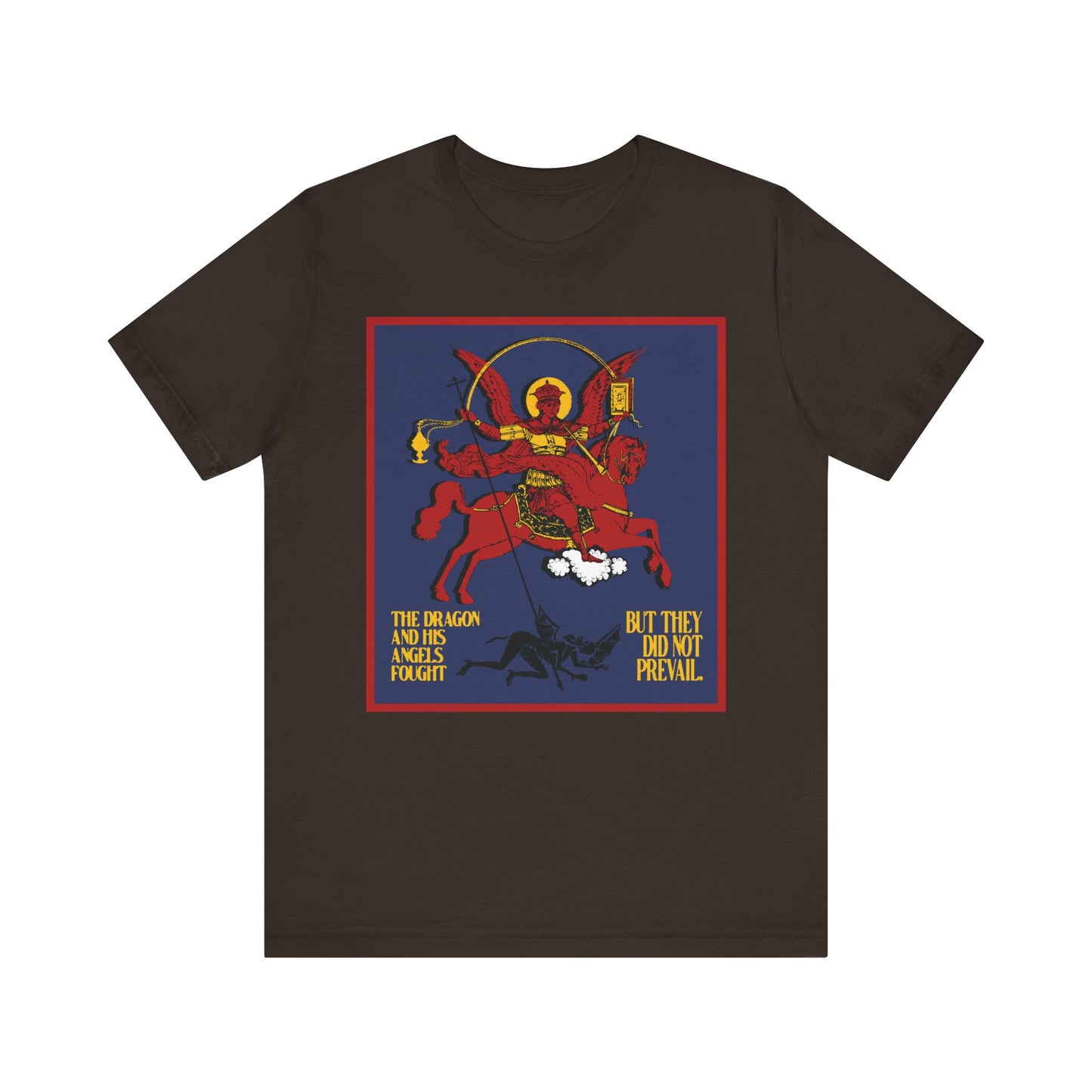 Brown unisex tee featuring Archangel Michael defeating Satan the Dragon (Rev 12:7-8) in an apocalyptic iconographic style; a powerful Orthodox Christian symbol of spiritual warfare. Lightweight cotton.