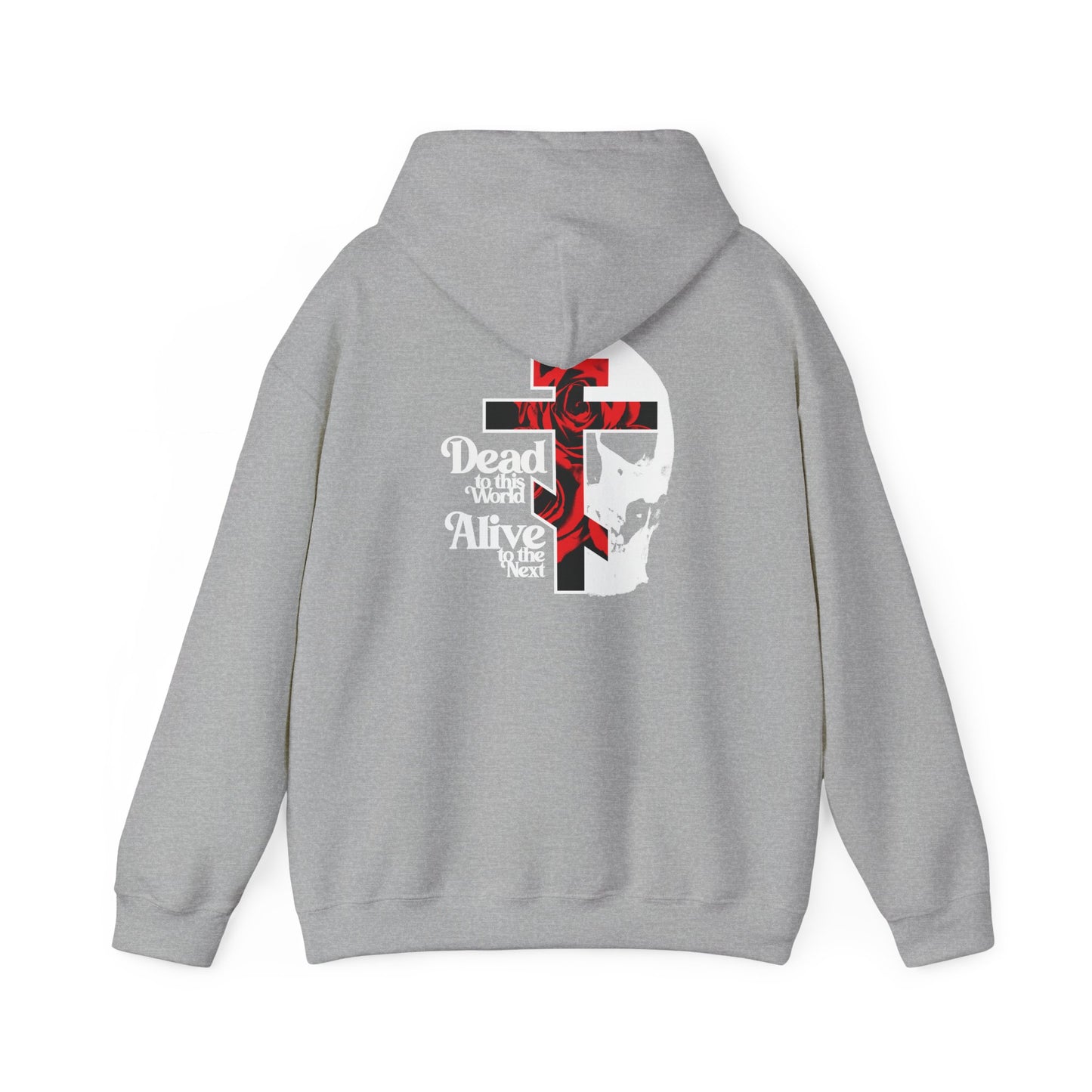 Sport Grey hoodie featuring our bestselling “Dead to this World” back design—a Christian Goth flower cross and skull with 70s typography and the powerful message: Dead to this world, Alive to God’s heart. Inspired by The Ladder of Divine Ascent, it’s a striking Orthodox Christian reminder of renouncing the world and seeking dispassion.
