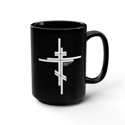 The "Whose Kingdom Shall Have No End" black mug features a modernist minimalist Orthodox cross and text, inspired by Luke 1:32-33, in a simple logo style. Photographed on a white background.