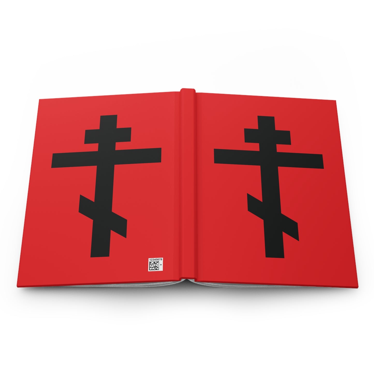 A red hardcover journal features two black Eastern Orthodox crosses and the quote "May I never boast, except in the cross of our Lord Jesus Christ" (Gal 6:14), inspired by Orthodox tradition.