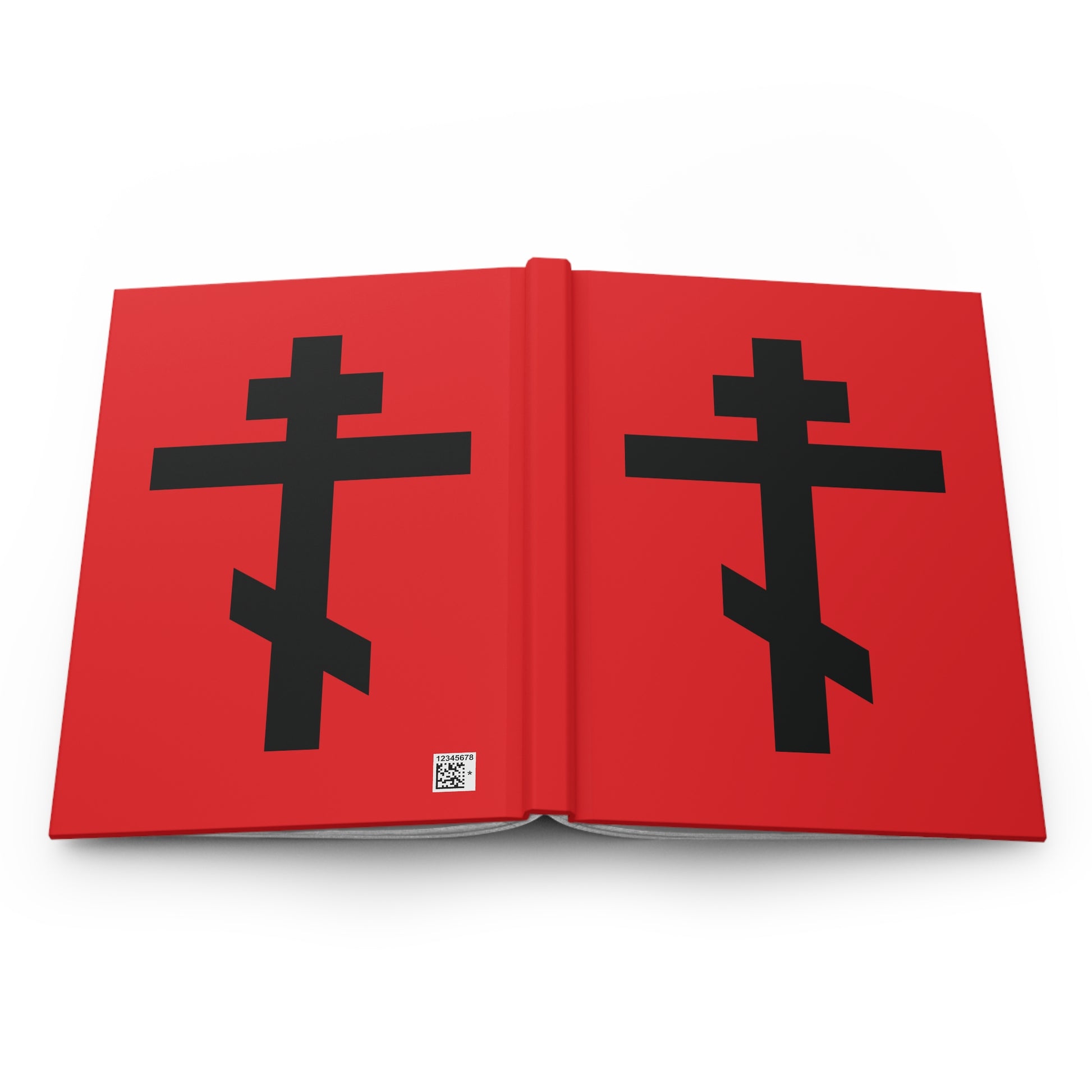A red hardcover journal features two black Eastern Orthodox crosses and the quote "May I never boast, except in the cross of our Lord Jesus Christ" (Gal 6:14), inspired by Orthodox tradition.