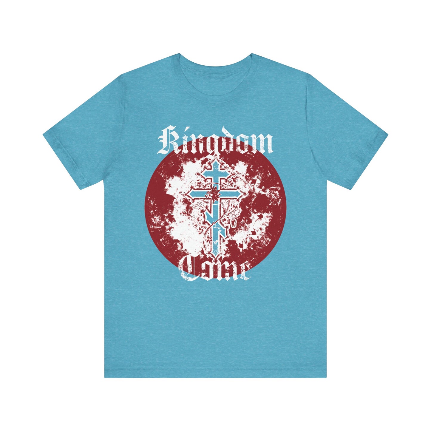 Heather Aqua t-shirt featuring an Orthodox cross with vine detailing and “Kingdom Come” in textured gothic font—a striking design inspired by the Lord’s Prayer, perfect for expressing faith in style.