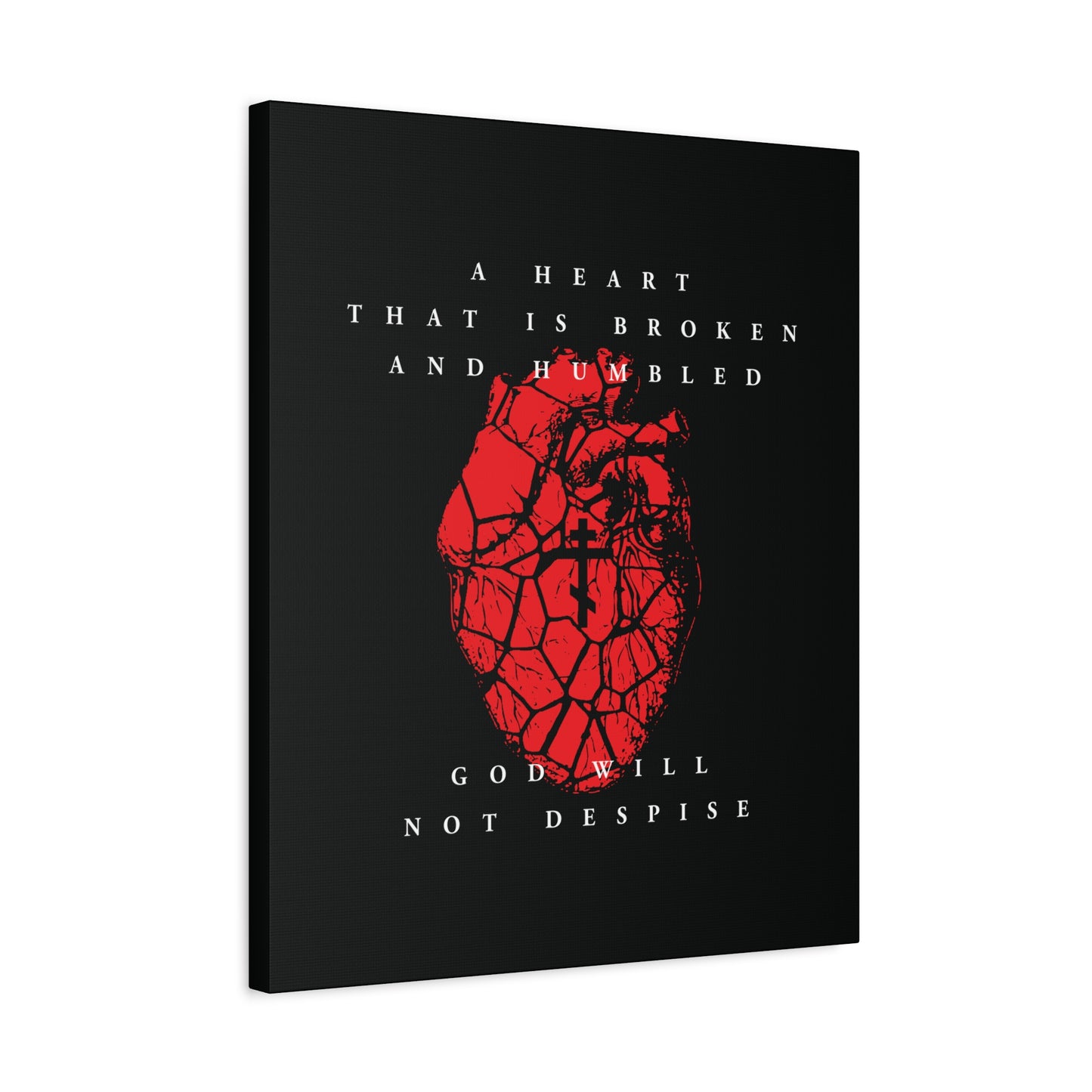 Featuring a cracked red heart and Orthodox cross on black, this Christian canvas art is inspired by Psalm 51: "A heart that is broken and humbled God will not despise." Perfect for repentance and faith reflection.