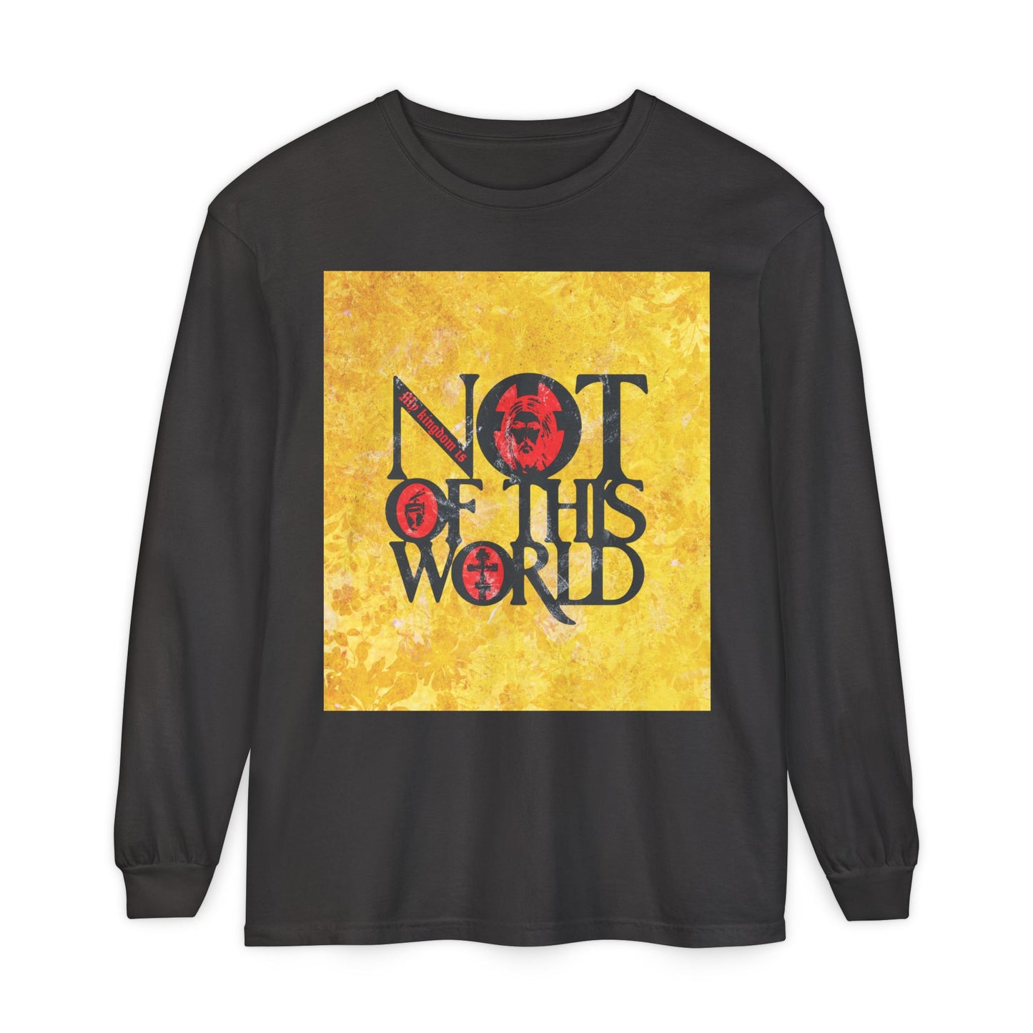 My Kingdom is Not of This World (John 18:36) | Bold Red, Yellow & Black Textured Design with Icon Motifs | Orthodox Christian Long Sleeve Shirt
