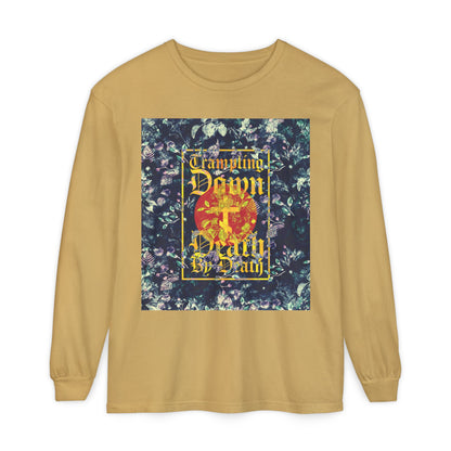 Trampling Down Death By Death | Paschal Floral Design with Gothic Script and Three-Bar Cross | Orthodox Christian Long Sleeve Shirt