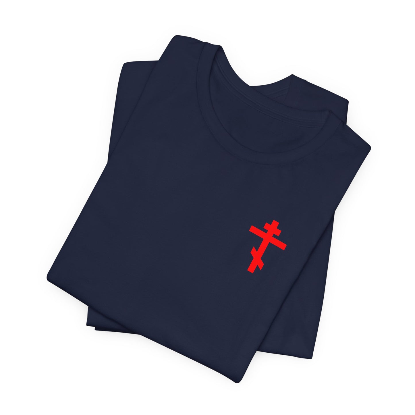 Certainly! Here’s a rewrite of your sentence using the provided product data: Two folded navy Idoloclast Idol Smasher Hammer lightweight cotton unisex tees, each featuring a red cross on the front left breast—a quiet reminder of Divine Life and our daily conversation with God.