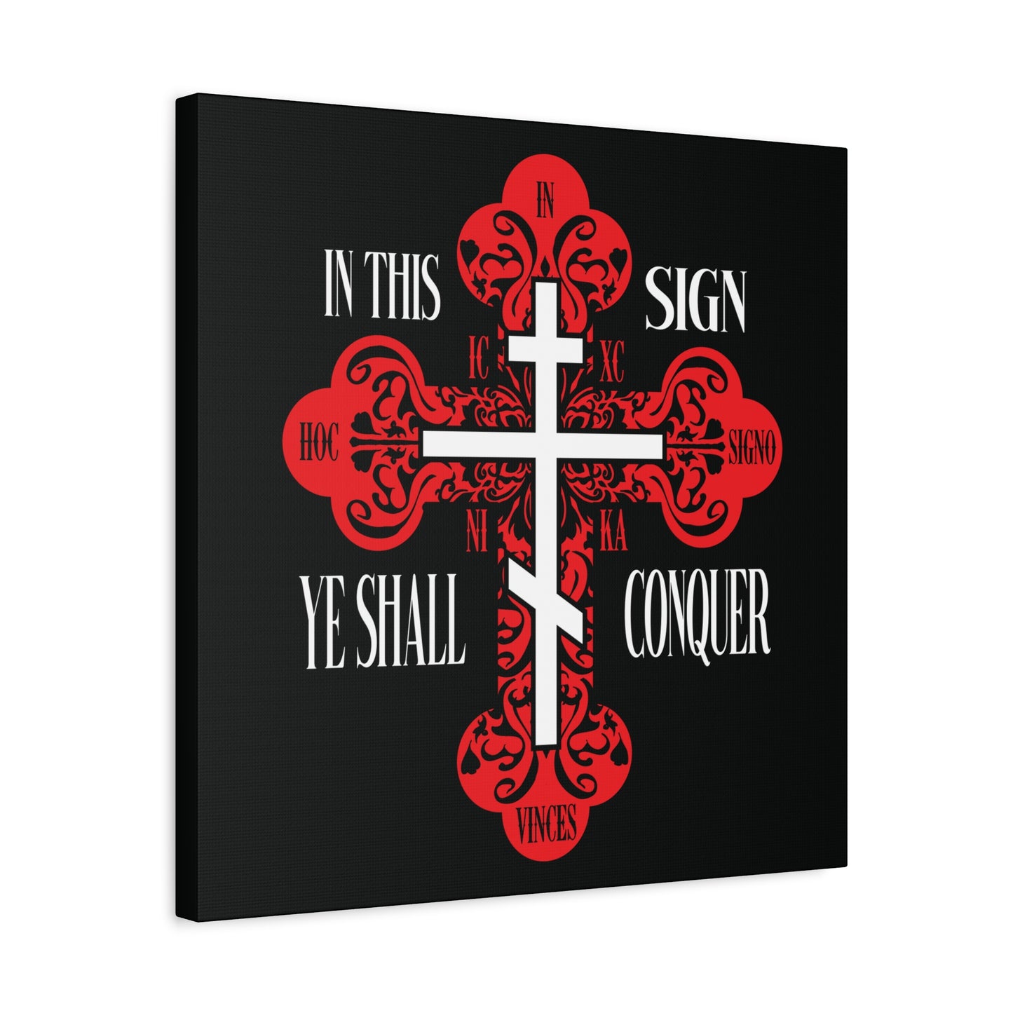 A red ornate Orthodox Cross with a sword features the text: In This Sign Ye Shall Conquer (In Hoc Signo Vinces, ICXC NIKA)—Christian wall art symbolizing Jesus Christ conquers and spiritual warfare.