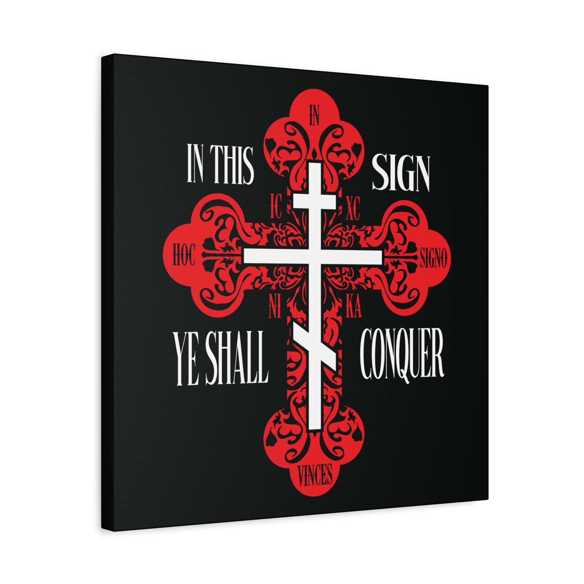 A red ornate Orthodox Cross with a sword features the text: In This Sign Ye Shall Conquer (In Hoc Signo Vinces, ICXC NIKA)—Christian wall art symbolizing Jesus Christ conquers and spiritual warfare.
