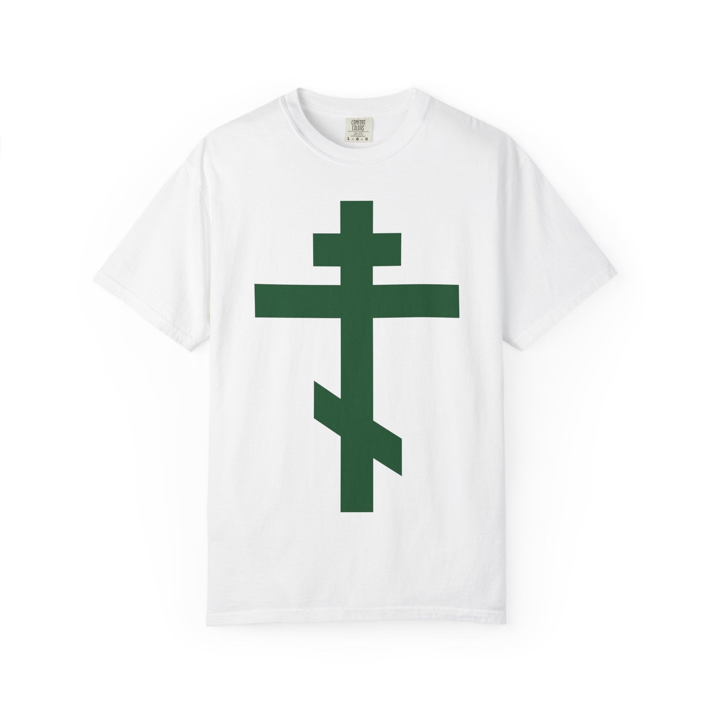 White heavyweight cotton unisex tee featuring a large forest green Orthodox tribar cross on the front, inspired by the spiritual legacy of St. John of Kronstadt and the revered Troparion—“Preserve Thy People By Thy Cross, O Lord.”.