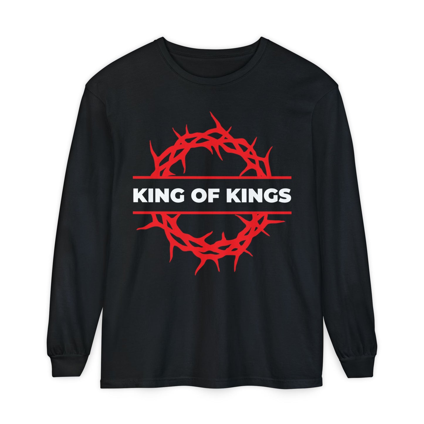Black cotton long sleeve shirt featuring a red crown of thorns and white "KING OF KINGS" text on the chest, inspired by Revelation 19:16. Christ is King—The King of Glory Christian apparel.
