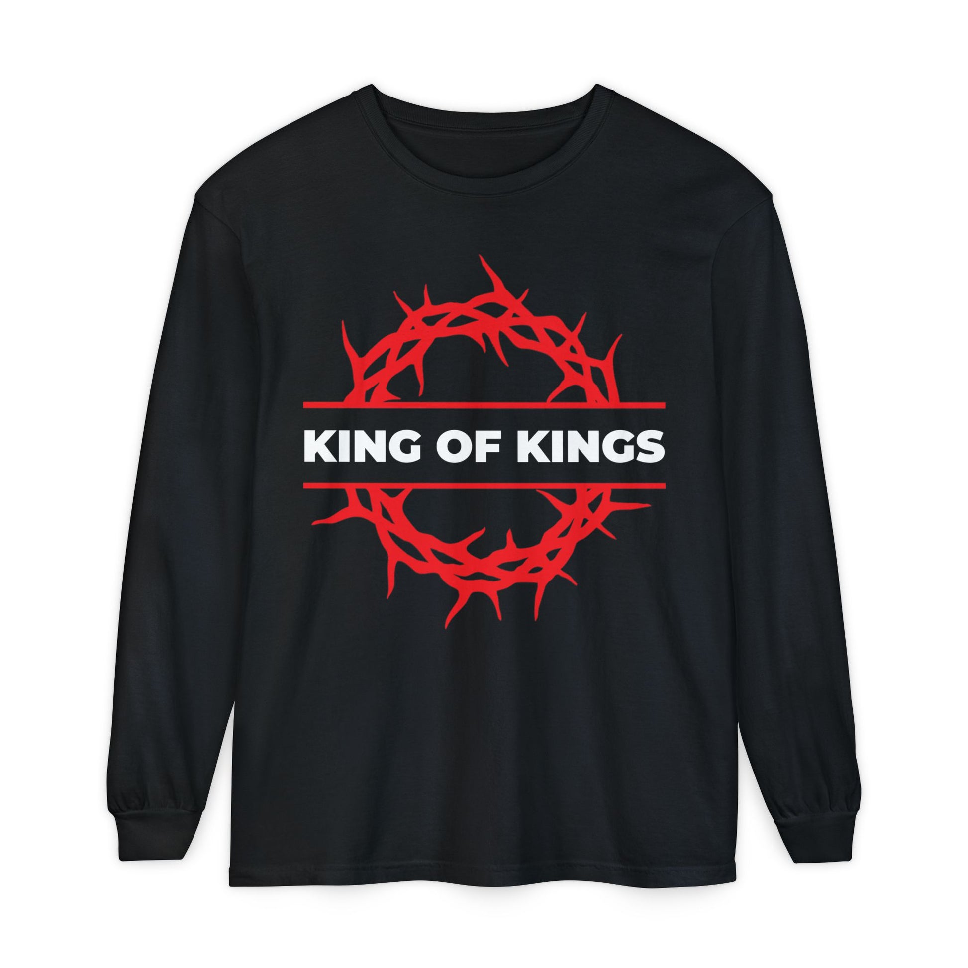 Black cotton long sleeve shirt featuring a red crown of thorns and white "KING OF KINGS" text on the chest, inspired by Revelation 19:16. Christ is King—The King of Glory Christian apparel.