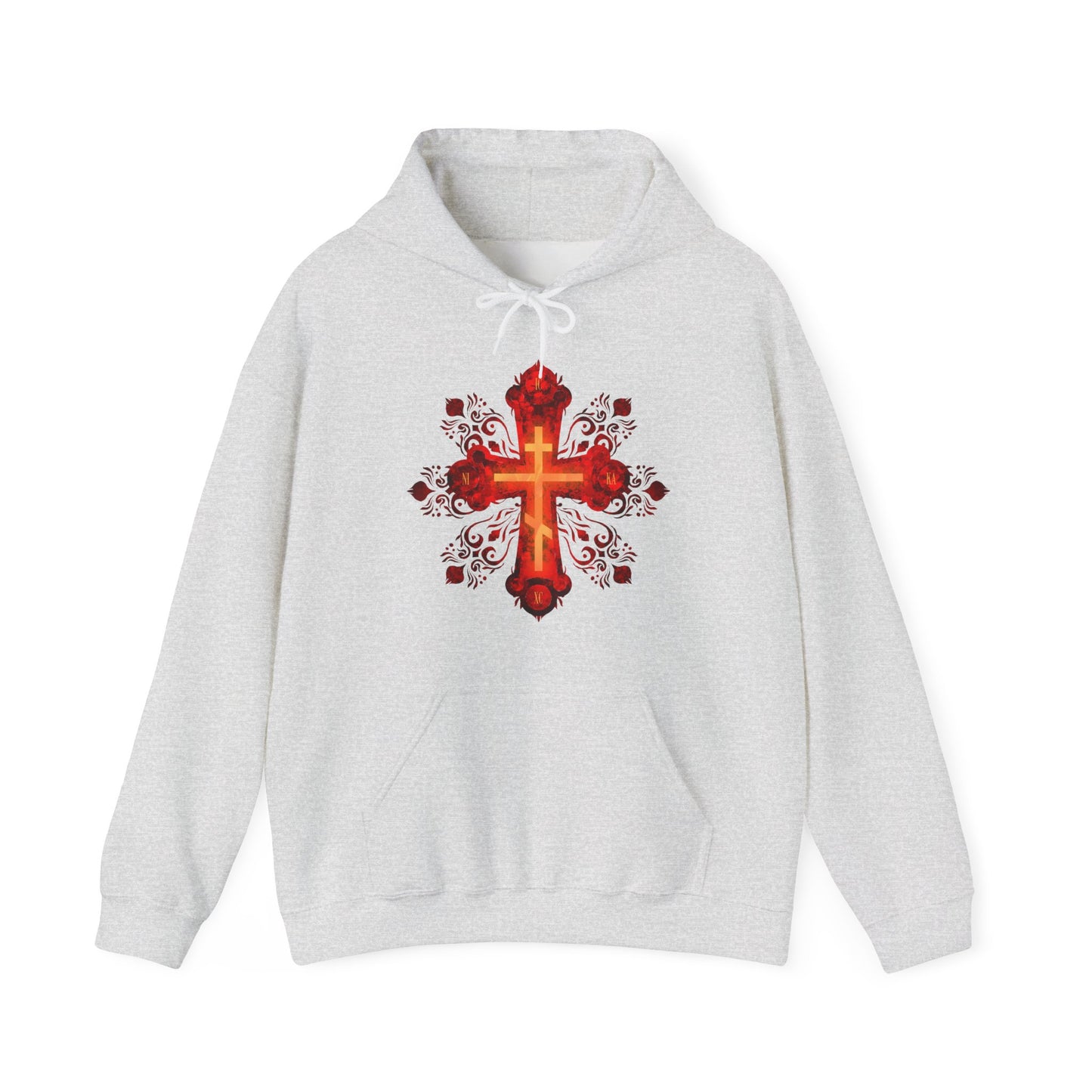 Ash hoodie featuring a bold red and gold Russian-style Orthodox cross with ornate designs, inspired by the message "He was pierced for our transgressions." A meaningful tribute to Orthodox Christian faith.