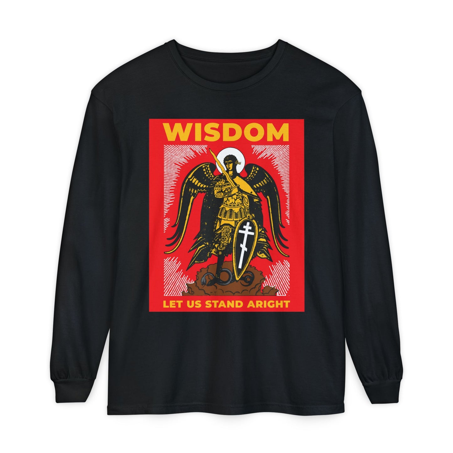 Black Orthodox Christian long-sleeve shirt featuring Archangel Michael with shield and sword, Russian illustration, and "Wisdom: Let Us Stand Aright" text— inspired by Revelation 12.
