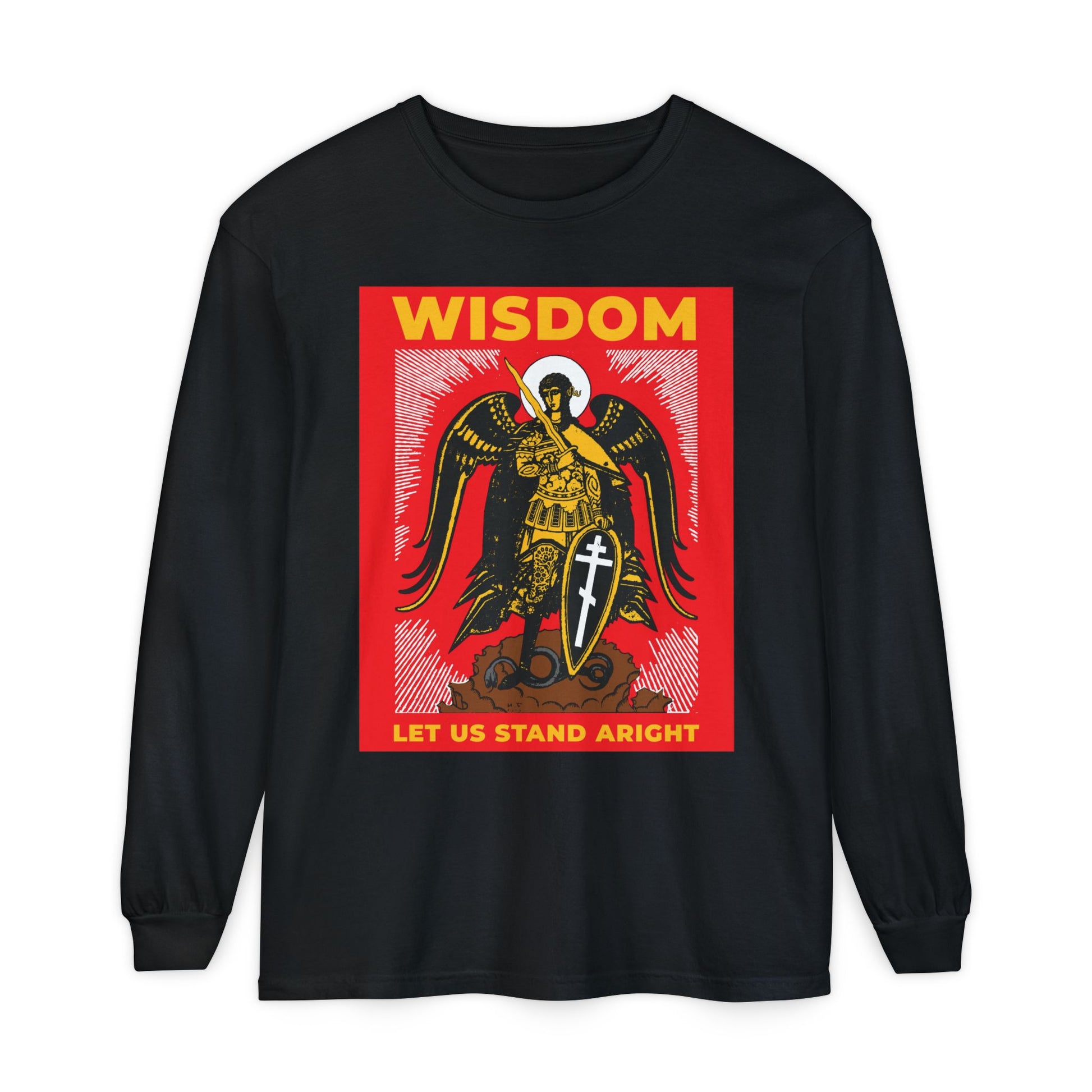 Black Orthodox Christian long-sleeve shirt featuring Archangel Michael with shield and sword, Russian illustration, and "Wisdom: Let Us Stand Aright" text— inspired by Revelation 12.