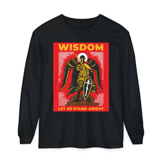 Black Orthodox Christian long-sleeve shirt featuring Archangel Michael with shield and sword, Russian illustration, and "Wisdom: Let Us Stand Aright" text— inspired by Revelation 12.