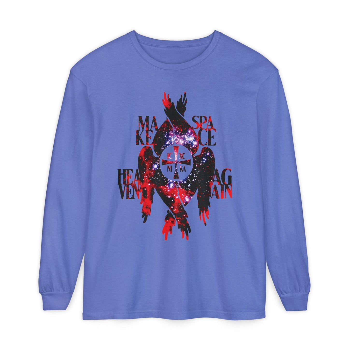 Flo Blue long sleeve shirt featuring a cosmic ICXC NIKA cross, seraphim wings, and “MAKE SPACE HEAVEN AGAIN” text—an Orthodox Christian design inspired by celestial themes.