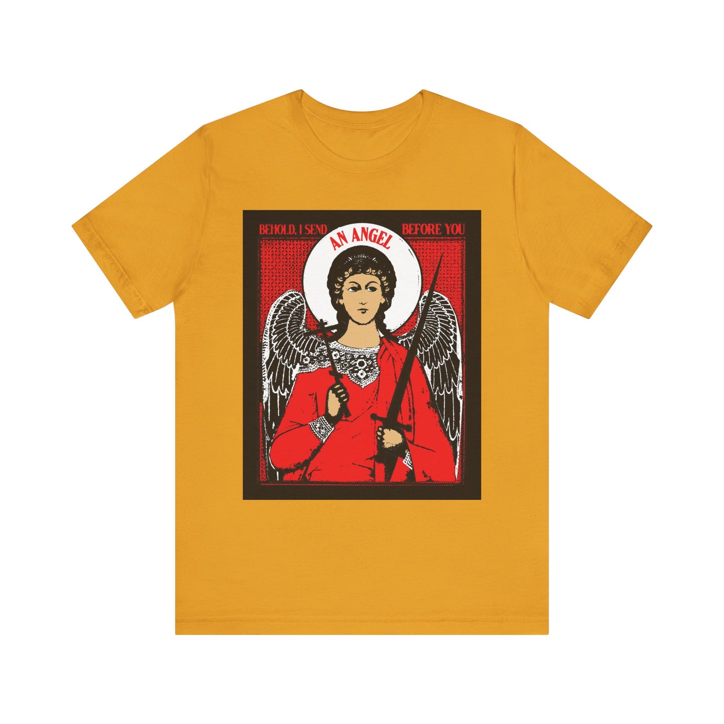 Mustard unisex tee featuring a guardian angel with cross and sword graphic and the text “Behold I Send an Angel Before You (Ex 23:20),” symbolizing Orthodox faith and protection. Lightweight cotton.