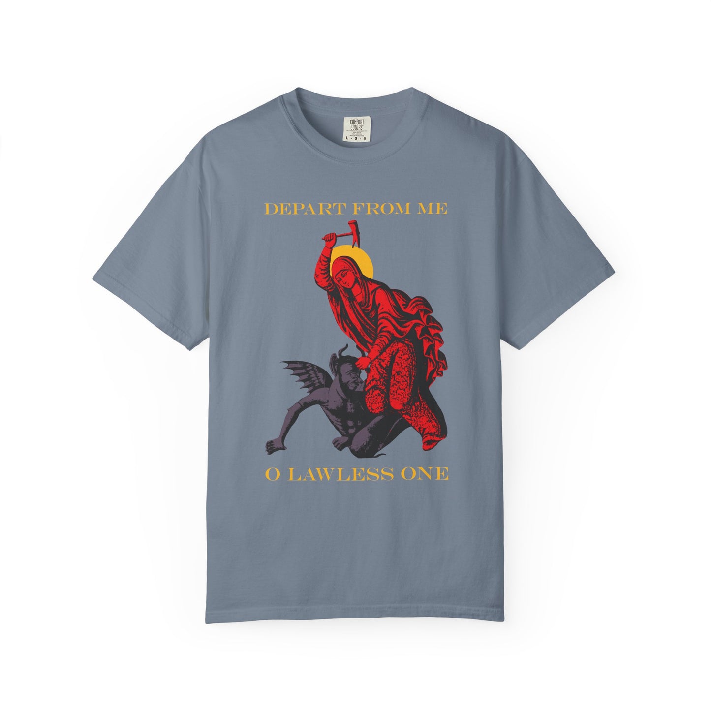Blue Jean heavyweight cotton unisex t-shirt featuring St Marina beating the devil with a hammer, and text “DEPART FROM ME O LAWLESS ONE.” Inspired by the Life of the Great Martyr Marina.