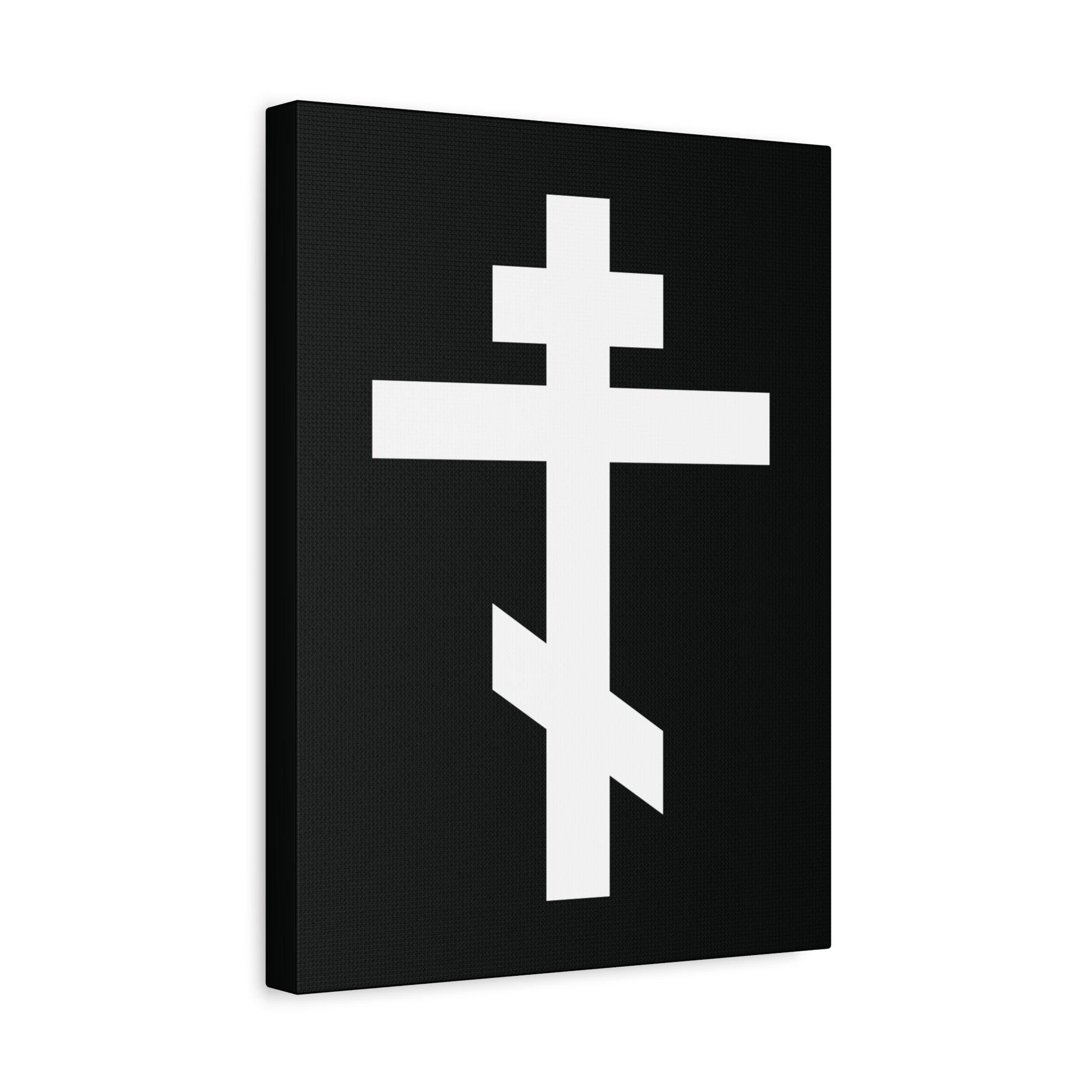 The "White Orthodox Cross" canvas art features a striking white cross on a black rectangular background, inspired by Galatians 6:14—"May I never boast, except in the cross of our Lord Jesus Christ.