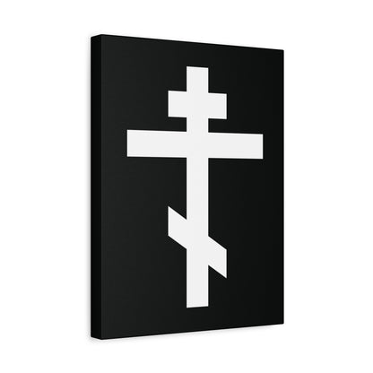 The "White Orthodox Cross" canvas art features a striking white cross on a black rectangular background, inspired by Galatians 6:14—"May I never boast, except in the cross of our Lord Jesus Christ.