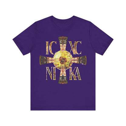 ICXC NIKA Celtic Style Equal Armed Cross | Bright Solar Texture | Orthodox Christian T-Shirt