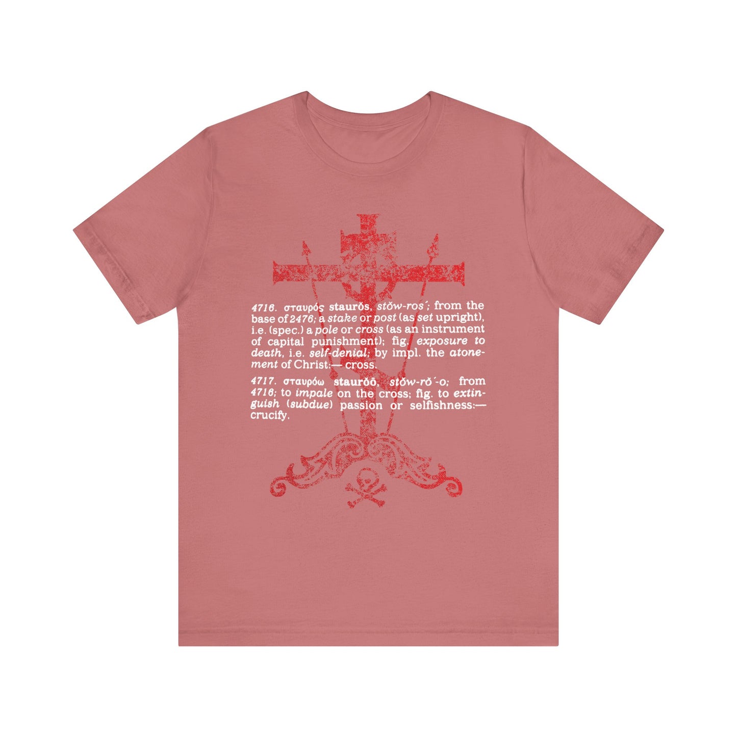 Mauve unisex t-shirt featuring a distressed red cross and white, New Testament Greek dictionary-style definitions inspired by Strong’s Dictionary in the center; showcases "Stauros | The Cross: To Extinguish Passion (Greek Definition)"—an Orthodox Christian lightweight cotton design.