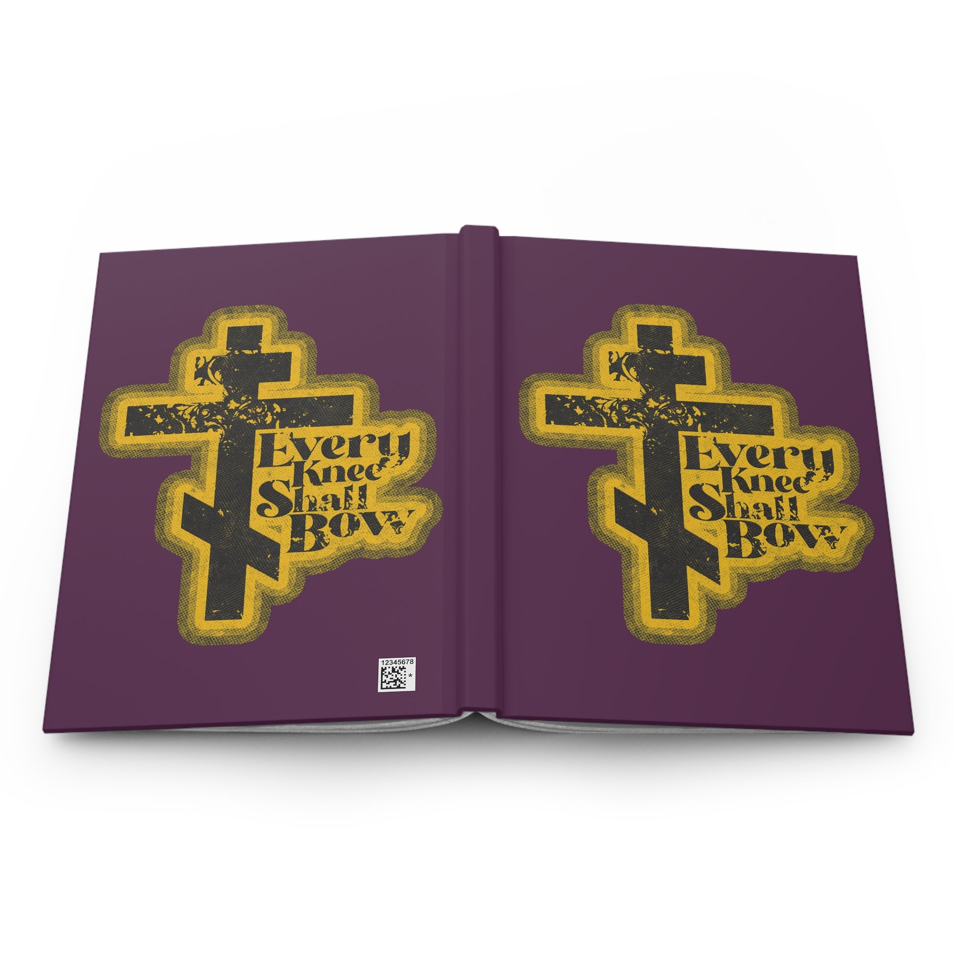 A purple blank journal with yellow Orthodox crosses and "Every Knee Shall Bow," inspired by Philippians 2:10-11 and Isaiah 45:23, in a 70s distressed halftone comic book aesthetic on front and back covers.