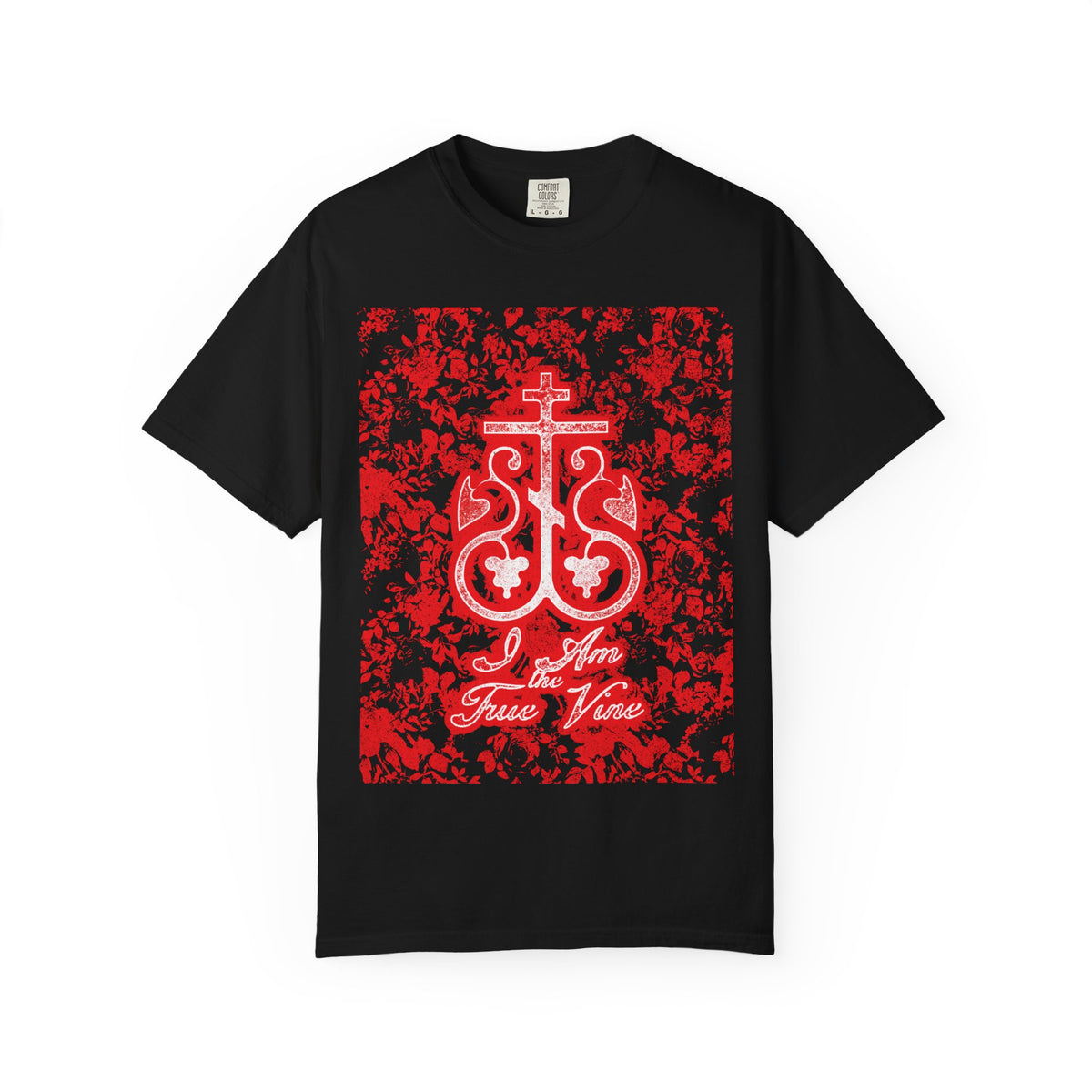 Black “I Am the True Vine (John 15:1)” unisex tee featuring a red and black floral Orthodox cross vine monogram design on heavyweight cotton, inspired by John 15:1-8 and calling us to stay connected to the true vine and bear fruit.